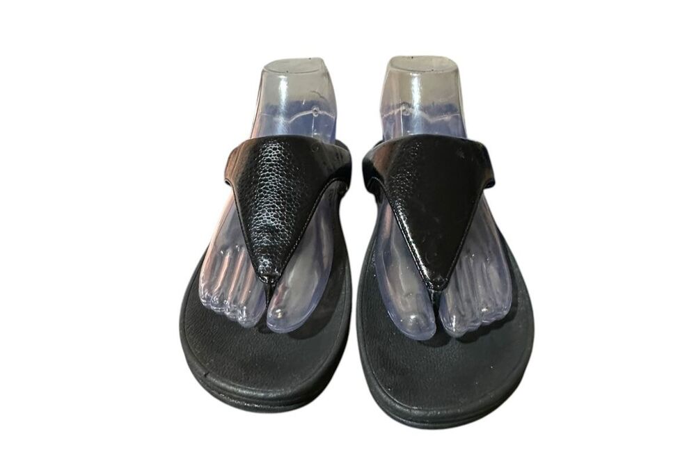 FitFlop Black Leather Thong Wedge Sandals Womens Size 7 Chunky
